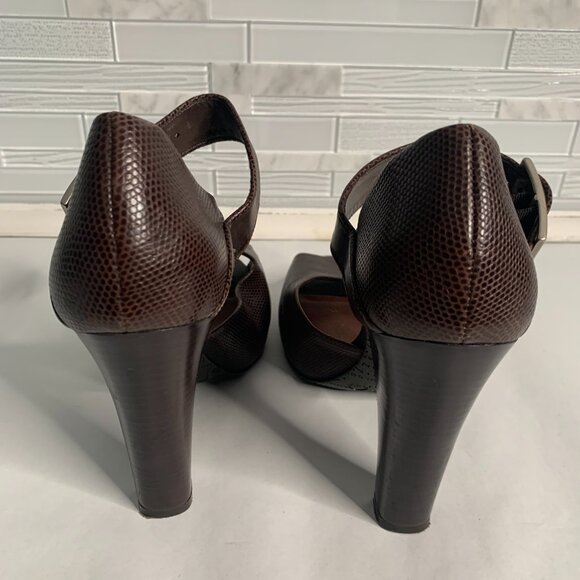 Gianni Bini Brown Leather Peep Toe Platform Heels W/Side Buckle Closure - Picture 3 of 6